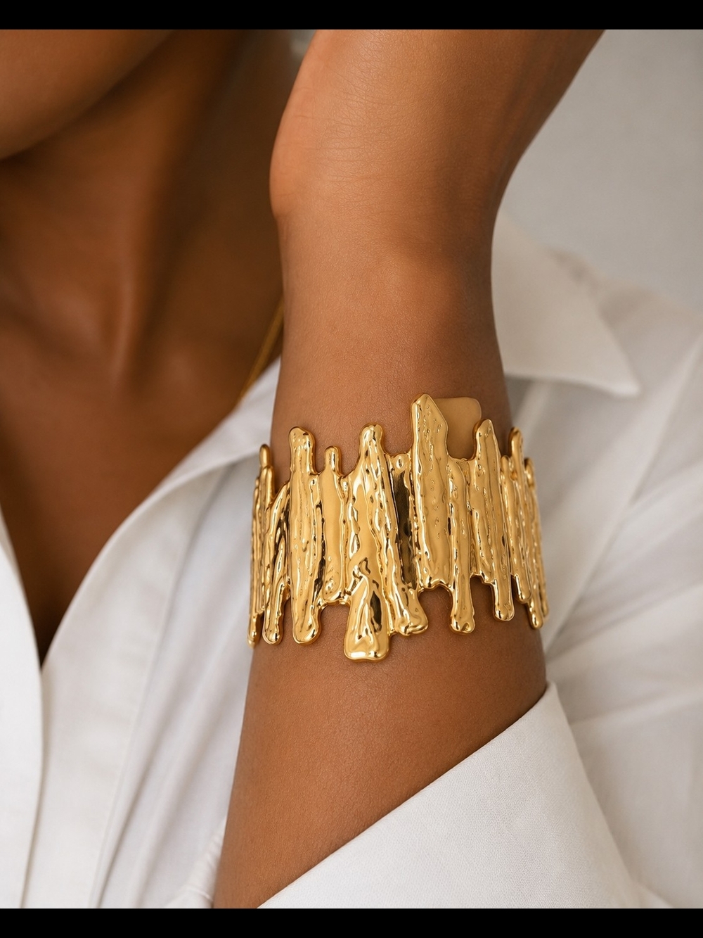 Gold Textured Statement Cuff Bracelet and Ring - Women Jewelry - Picture 2 of 6